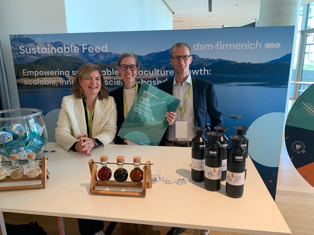 The team on the “Sustainability Solution Station” left to right: Louise Buttle Sustell™ Lead for Aqua & Global Key Account Manager at dsm-firmenich Animal Nutrition & Health, Ester Santigosa Culi (Global Innovation Lead Aqua, dsm-firmenich Animal Nutrition & Health) and Yann Le Gal (Business Development Manager, Veramaris).