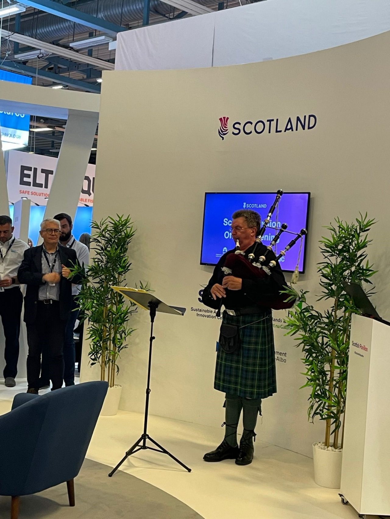 Scottish bagpiper during the opening ceremony at the Scottish Pavilion at Aqua Nor 2023