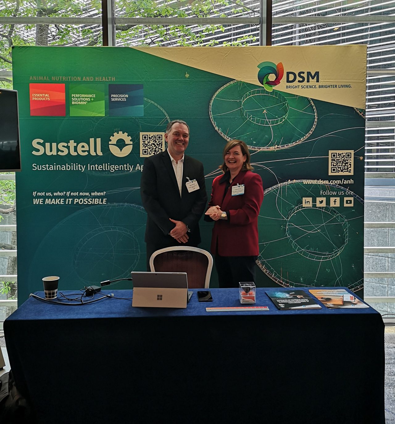 Left to Right: Dave Morris Global Sustainability LCA Manager at DSM Animal Nutrition & Health And Louise Buttle, Sustell™ Lead for Aqua & Global Key Account Manager at DSM at Blue Food Innovation Summit, May 23, 2023, London.