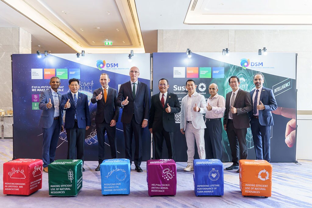 Left to Right: Achyuth Iyenger, Director ANH Performance solution DSM GAPAC; Kiatchai Maitriwong, Executive Director - Thailand Greenhouse Gas Management Organization (TGO), Thailand​; Dr.Gijs Theunissen, Dutch Agricultural Conseunsellor, Embassay of the Kingdom of the Netherlands; H.E. Mr. Remco van Wijngaarden, Ambassador of the Kingdom of The Netherlands to Thailand; Dr. Pairat Srichana, Senior Vice President - Feed Technology Office, CPF, Thailand​; Dr. Mongkol Kaewsutas, Director Precision Services for DSM Greater China & Asia Pacific; Rajeev Murthy, Director, DSM ANH OU ASEAN; Dr. Witsanu Attavanich, Professor - Faculty of Economics, Kasetsart University, Thailand​ Advait Pandit, Sales Director, DSM HNC ASEAN